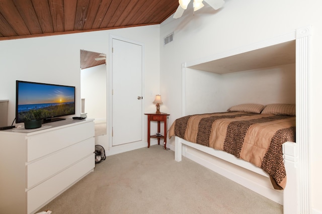 2400 S Ocean Dr Unit 6523, Fort Pierce, FL 34949 - bedroom featuring visible vents, light carpet, a ceiling fan, wooden ceiling, and lofted ceiling