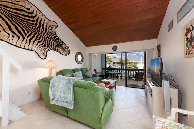 tiled living room with lofted ceiling and wood ceiling