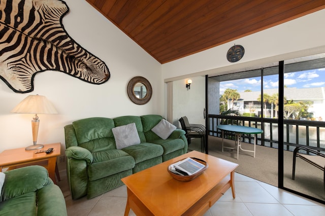 tiled living room featuring wood ceiling and vaulted ceiling