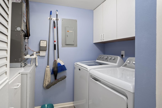 laundry area with washer and dryer, electric panel, and cabinets