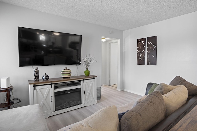 living room with a textured ceiling and light hardwood / wood-style flooring