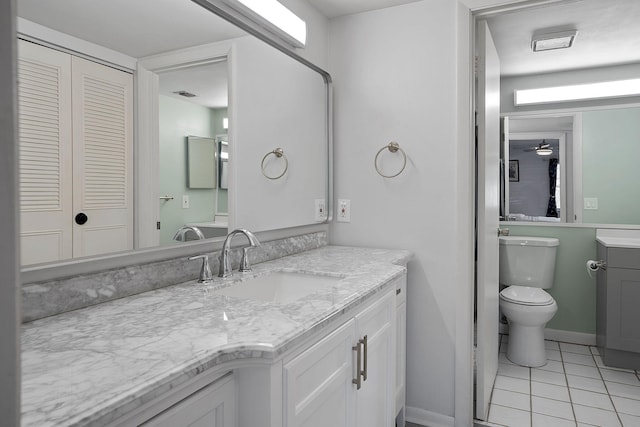 bathroom featuring tile patterned floors, ceiling fan, toilet, and vanity