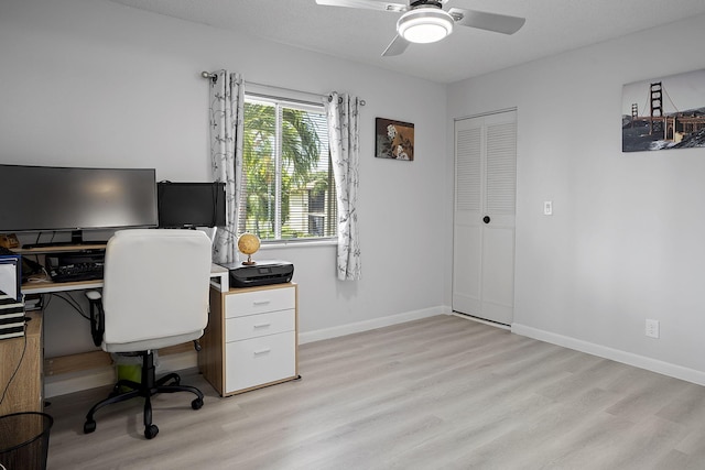 office area with a textured ceiling, light hardwood / wood-style flooring, and ceiling fan