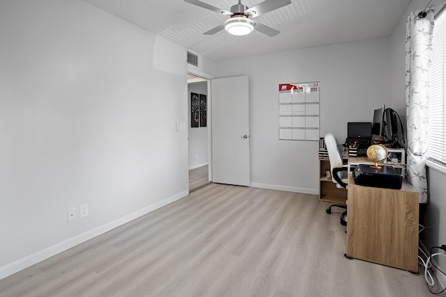 office area with ceiling fan, light hardwood / wood-style floors, a healthy amount of sunlight, and a textured ceiling