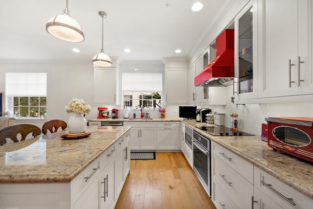 kitchen with pendant lighting, premium range hood, white cabinets, ornamental molding, and stainless steel appliances