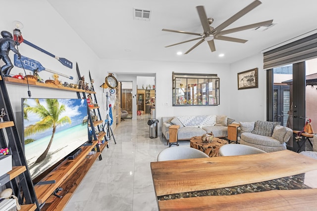 living room with ceiling fan