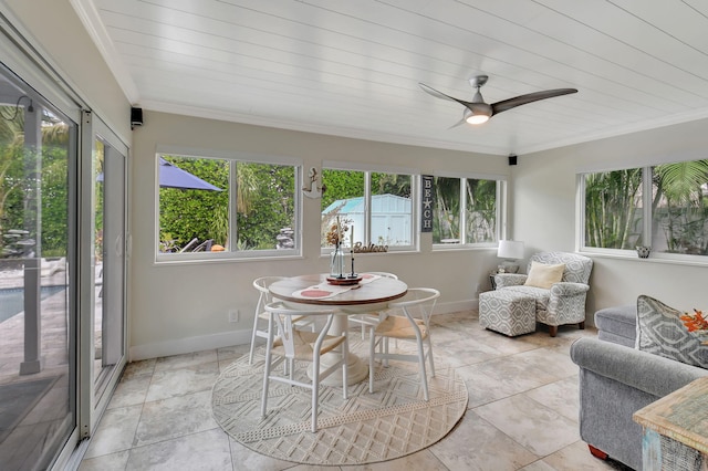 sunroom with ceiling fan and wooden ceiling