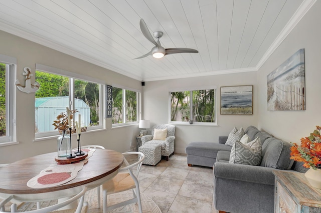 tiled living room featuring a wealth of natural light, crown molding, and wooden ceiling