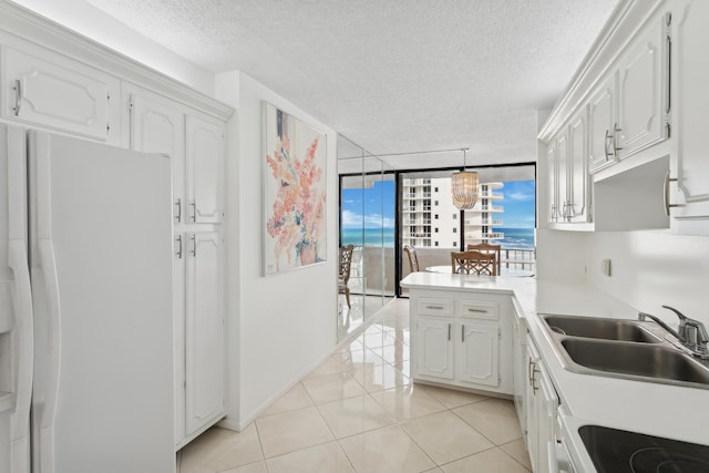 kitchen with white fridge, white cabinetry, a wall of windows, and sink