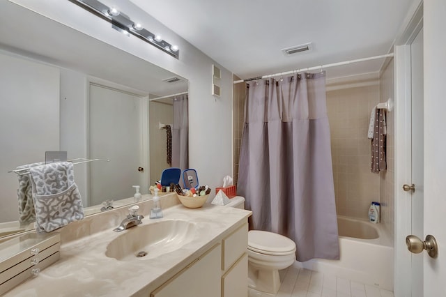 full bathroom with toilet, vanity, tile patterned floors, and shower / bathtub combination with curtain