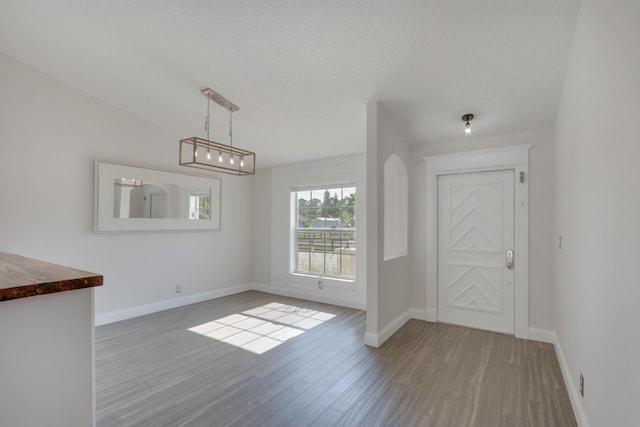 unfurnished dining area featuring hardwood / wood-style floors, a textured ceiling, and lofted ceiling