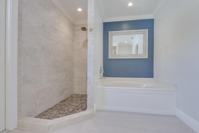 bathroom featuring shower with separate bathtub, tile patterned floors, and ornamental molding