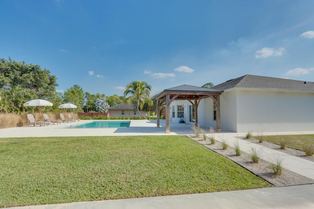 view of pool featuring a gazebo, a patio area, and a lawn