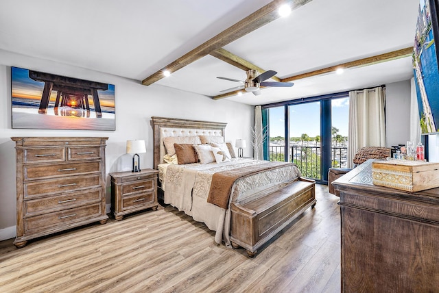 bedroom with access to outside, ceiling fan, light hardwood / wood-style flooring, and beamed ceiling