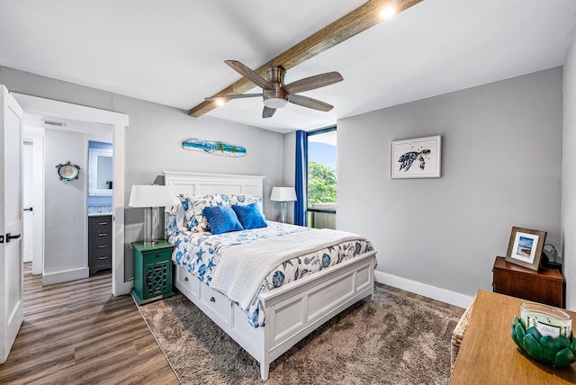 bedroom featuring beam ceiling, dark hardwood / wood-style flooring, and ceiling fan