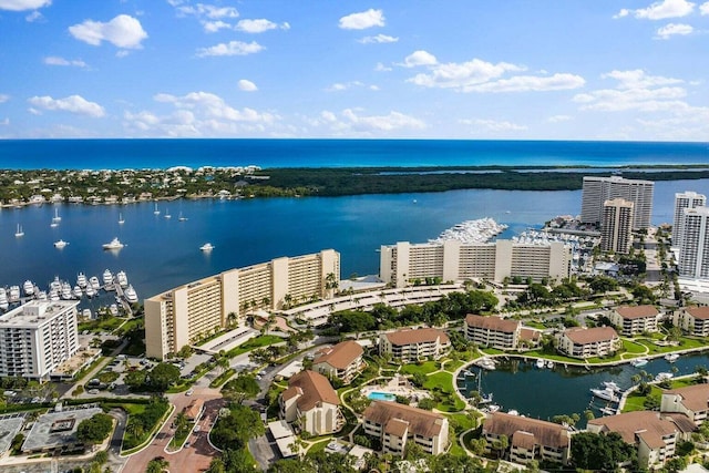 drone / aerial view featuring a water view