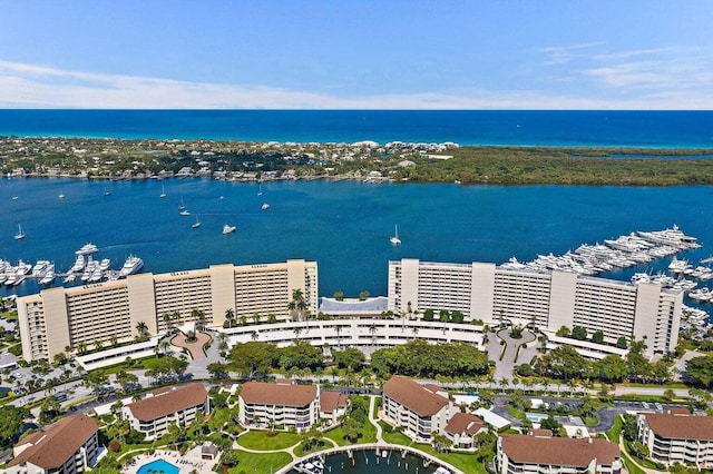 aerial view featuring a water view