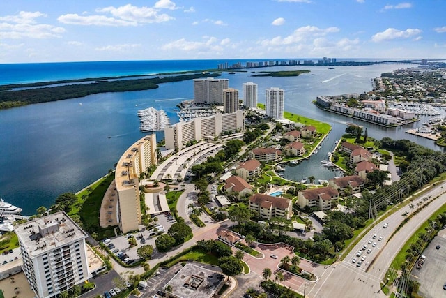 bird's eye view with a water view