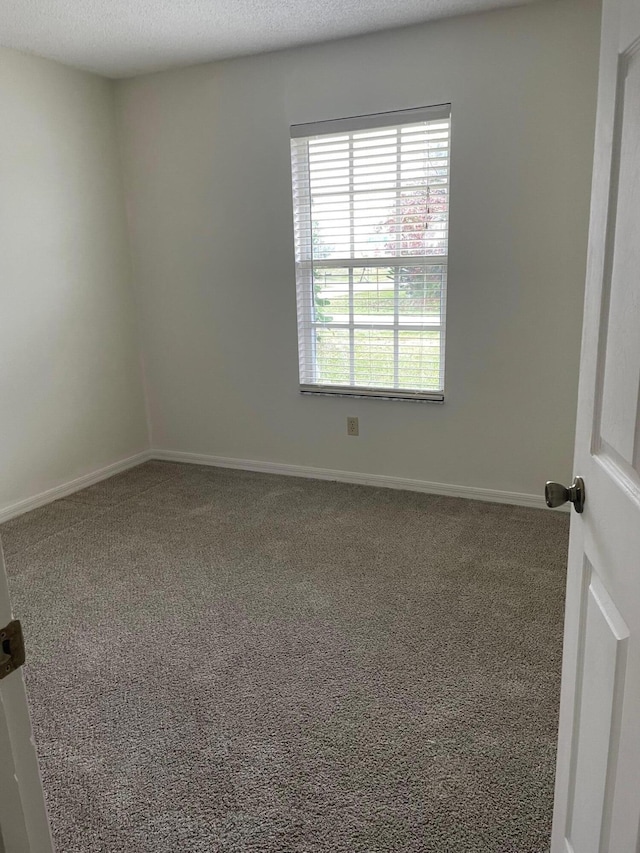 unfurnished room with a textured ceiling, carpet flooring, and baseboards