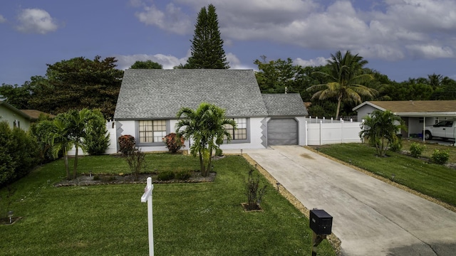 view of front of property with a garage and a front lawn