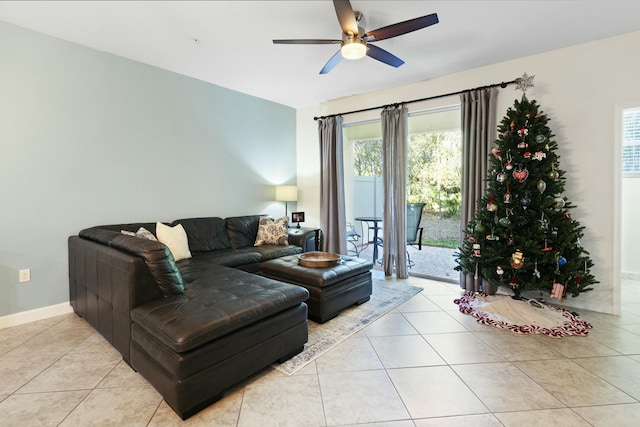 tiled living room with ceiling fan