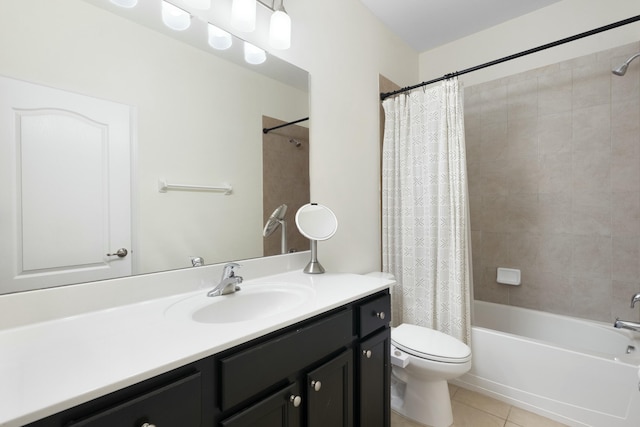 full bathroom with tile patterned flooring, vanity, toilet, and shower / tub combo with curtain