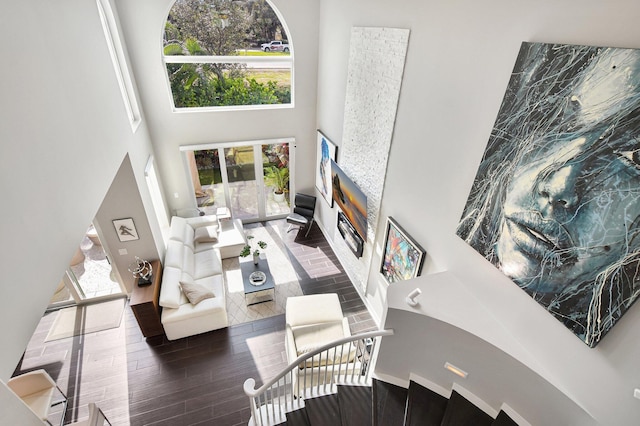 living room with dark hardwood / wood-style floors and a high ceiling