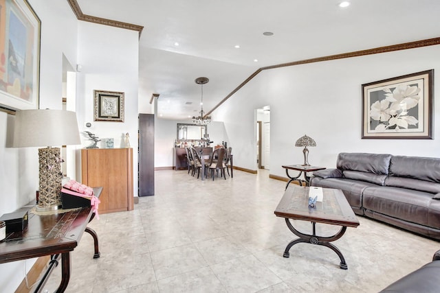 living room featuring lofted ceiling and ornamental molding