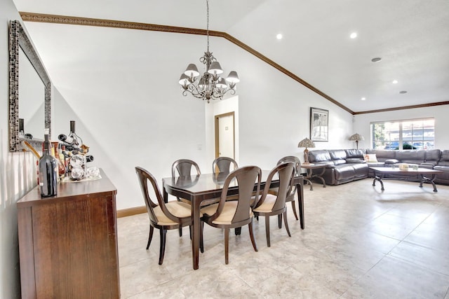 dining space featuring ornamental molding, high vaulted ceiling, and a chandelier