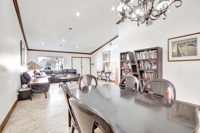 dining space featuring light tile patterned floors, ornamental molding, and a notable chandelier