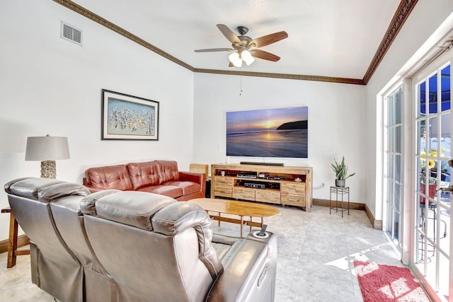 tiled living room with ceiling fan, crown molding, and vaulted ceiling