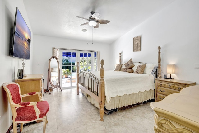 bedroom with access to exterior, ceiling fan, french doors, and light tile patterned floors