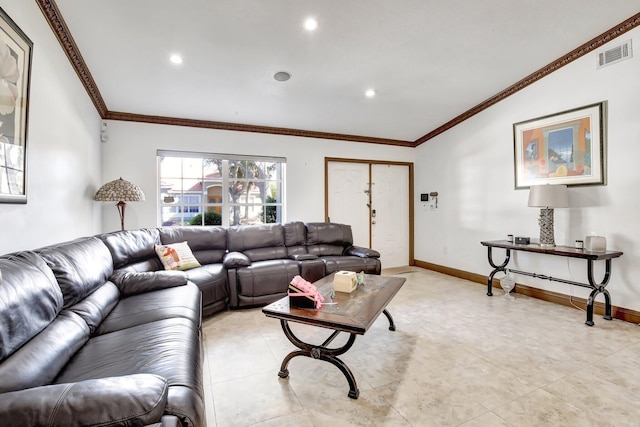 living room with crown molding