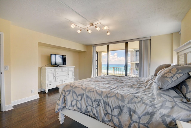 bedroom with expansive windows, rail lighting, dark hardwood / wood-style floors, access to exterior, and a textured ceiling