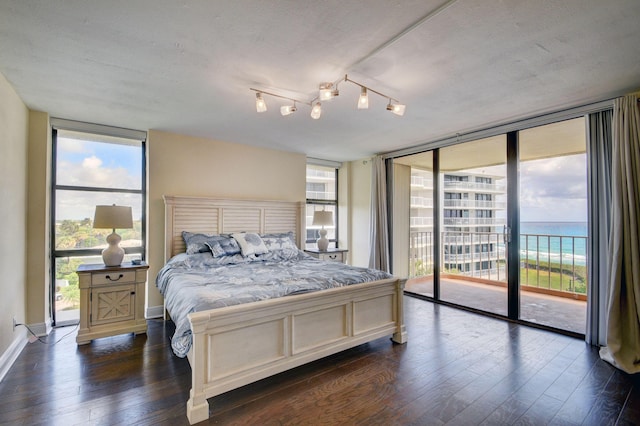 bedroom featuring access to exterior, a water view, a wall of windows, and dark wood-type flooring