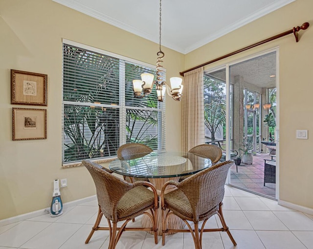 tiled dining space with ornamental molding and a notable chandelier