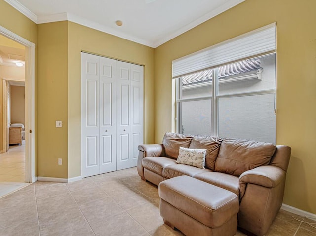 living room with light tile patterned floors and ornamental molding