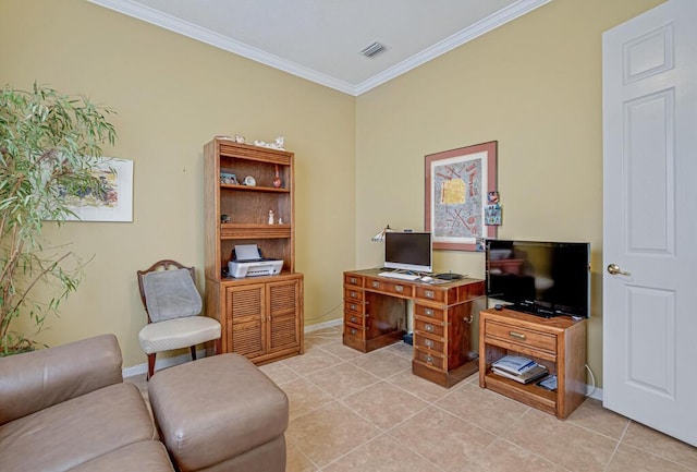 office space with light tile patterned floors and ornamental molding