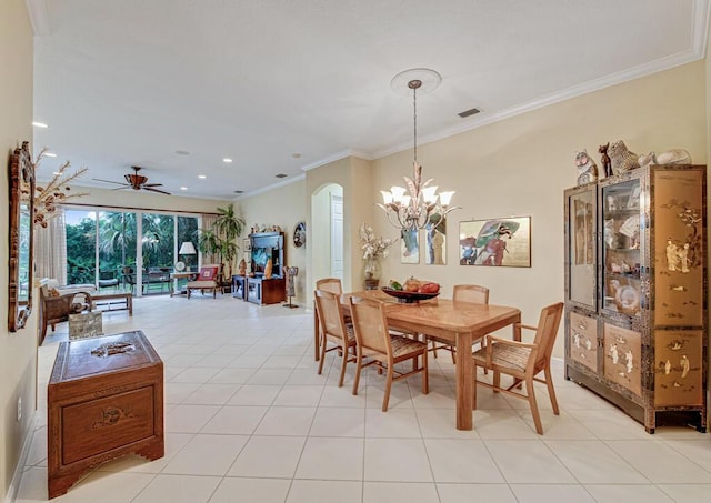 dining space featuring crown molding, light tile patterned floors, and ceiling fan with notable chandelier