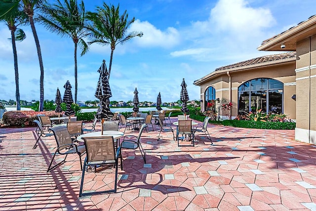 view of patio featuring a water view