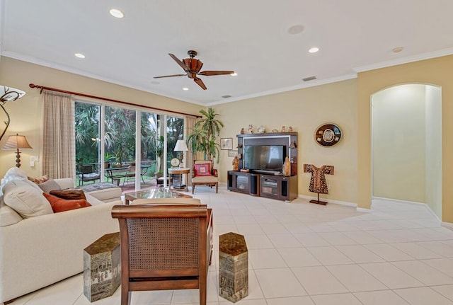 living room featuring light tile patterned floors, ceiling fan, and ornamental molding