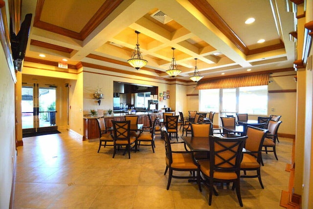 tiled dining area with beam ceiling, ornamental molding, a healthy amount of sunlight, and coffered ceiling