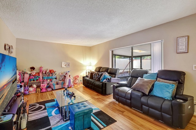 living room with a textured ceiling and hardwood / wood-style flooring