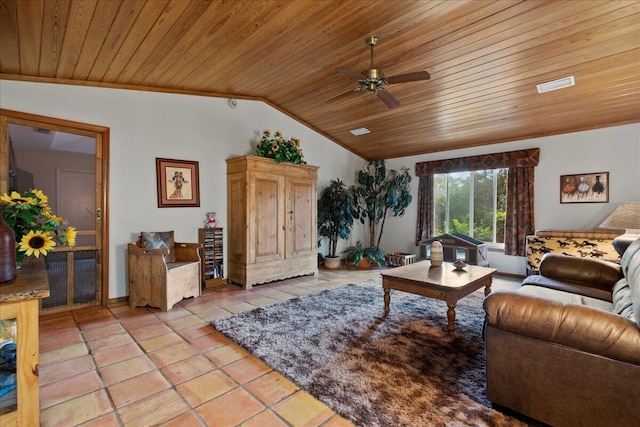 living area featuring lofted ceiling, light tile patterned floors, a ceiling fan, and wooden ceiling