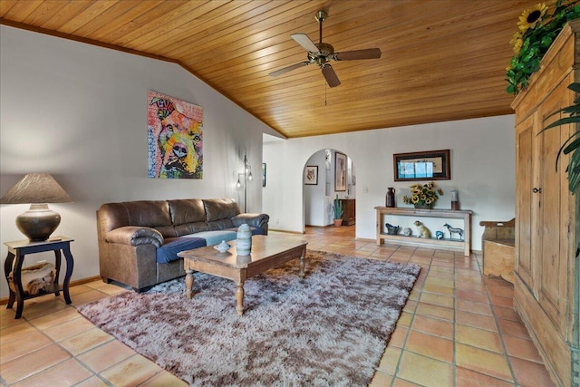 living area featuring wooden ceiling, light tile patterned flooring, ceiling fan, vaulted ceiling, and arched walkways
