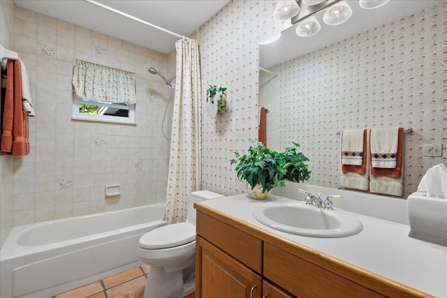 bathroom featuring shower / bath combo, wallpapered walls, toilet, tile patterned floors, and vanity
