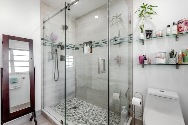 bathroom with toilet and a shower stall