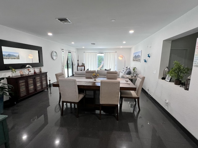 dining area featuring baseboards, visible vents, and recessed lighting