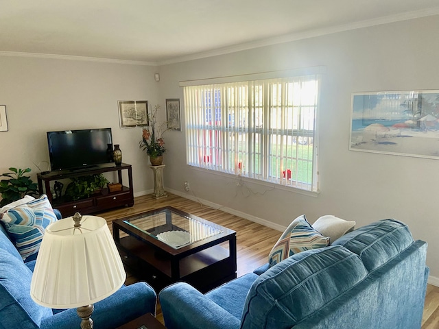 living room featuring plenty of natural light, hardwood / wood-style floors, and ornamental molding