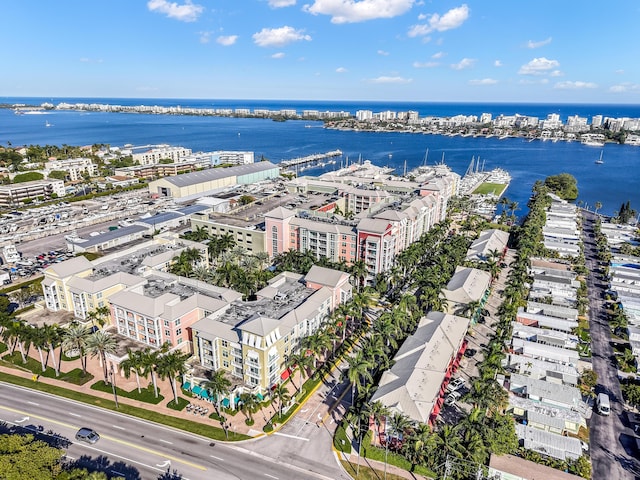 drone / aerial view with a water view